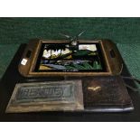 A Brazilian butterfly tray, an Edwardian copper nameplate,