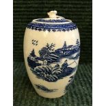An eighteenth century Caughley china blue and white lidded jar, height 12 cm.
