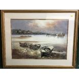 A framed print by Flemming - boats at low tide