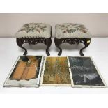 A pair of metal footstools and a box of pictures