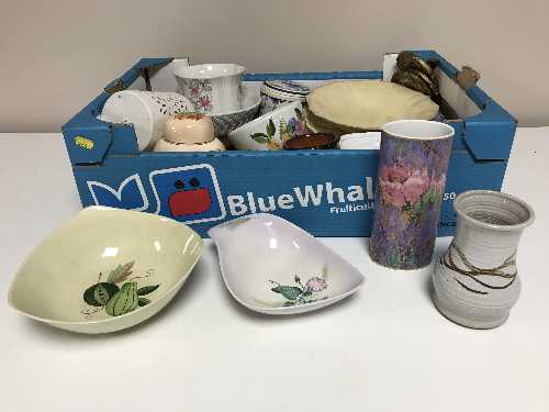 A box of china plates, dishes, ginger jars, bowls,