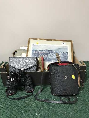 A box of binoculars, military buttons, military print,