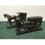 A Ringtons horse and cart and a car on plinth (2)