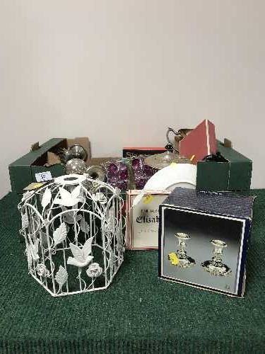 A box of plated ware, light fittings, ornaments,