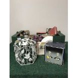 A box of plated ware, light fittings, ornaments,