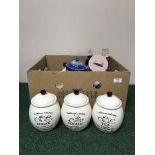 A box of china, ginger jars, storage pot,