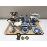 A tray of Masons jug, Wedgwood ornaments,