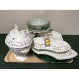 A tray of antique Derby plates, tureen, baby plate,