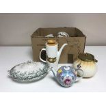 Two boxes of china, ornaments, glass bottles,