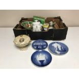 A box of china, ornaments, dishes, Newhall bowl, Copenhagen plates,