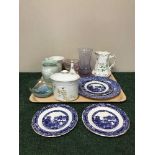 A tray of china, willow pattern plates, Denby vase,