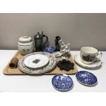 Tray comprising an interesting collection of ceramics and collectibles including Yardley ginger jar,