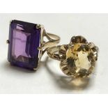 Two 9ct gold dress rings set with citrine and amethyst.