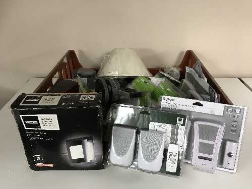 Three crates of electricals - table lamps, outdoor lighting, switches, topiary balls,