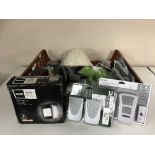 Three crates of electricals - table lamps, outdoor lighting, switches, topiary balls,