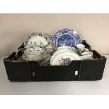 Two boxes of Royal Norfolk china, Spode cake plate, mugs, wooden letters,