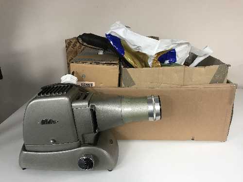 Five boxes of assorted photographic and projector equipment - lights, screens,