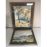 A framed oil on board - figures fishing by B. Mowbray, framed watercolour by K.