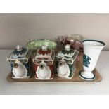 A tray of three Saddler teapots, Susie Cooper Ashmun vase,