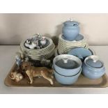 A tray of part Wedgwood Summer Sky dinner service, dog figures,