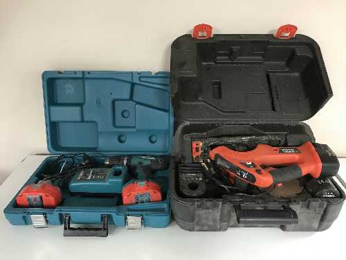 A cased Makita electric drill with battery and a cased Black & Decker hand saw