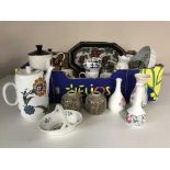 A box of Lord Nelson tea china, Wedgwood vases, Aynsley vases, tankard,