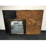 A wooden framed mirror and two contemporary abstract pictures