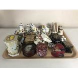 A tray of Spode Sumatra china mantel clock, thimbles, trinket boxes,