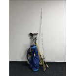 A golf bag of assorted drivers and irons and quantity of children's fishing rods