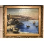 Early twentieth century school : Fishermen by a shore, oil on canvas, bearing monogram lower left,