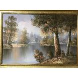 A gilt framed mirror and a gilt framed oil on canvas - river