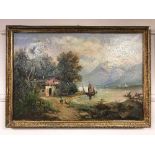 Nineteenth century school : Figures by a lake, oil on canvas, framed.