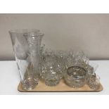 A tray of assorted drinking glasses, glass vases,