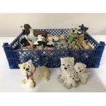Two boxes of assorted ornaments, dogs, egg coddlers, perfume bottles, paperweights,