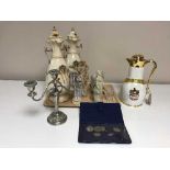 A tray of pair of Falcon Pottery lidded vases, candelabra, continental figures,