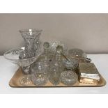 A tray of assorted lead crystal glass ware, comports, preserve pots,