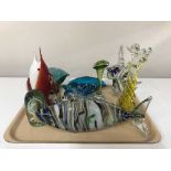 A tray of assorted coloured glass ware and a Victorian glass dump