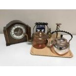 A tray of oak cased Enfield mantel clock, two copper kettles, pewter tankard,