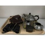 A tray of three piece Craftsman pewter tea service,