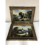 A pair of antique gilt framed paintings on glass