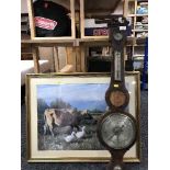 An antique inlaid mahogany banjo barometer and a gilt framed print depicting a girl on a farm