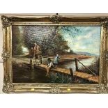 Ray Smith : Fishing on a bridge, oil on canvas laid to board, 75 cm x 49 cm, framed.