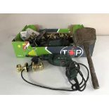 A box of assorted power tools, hand tools,