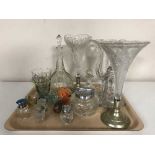 A tray of fluted glass vases, decanters, paperweights,