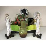Two boxes of figures, oriental vases, art deco figure,