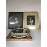 A cream and gilt porthole mirror, two framed prints,