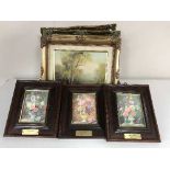 Four gilt framed oils on canvas and three mahogany framed still life panels (7)