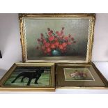 A gilt framed still life oil on canvas depicting roses and four other pictures (5)