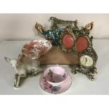 A tray of Royal Crown Derby Red Aves dish, Paragon bone china cup and saucer, metal picture frames,