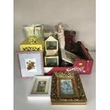 Two boxes of picture frames, photo frames, candle holders, metal planters,